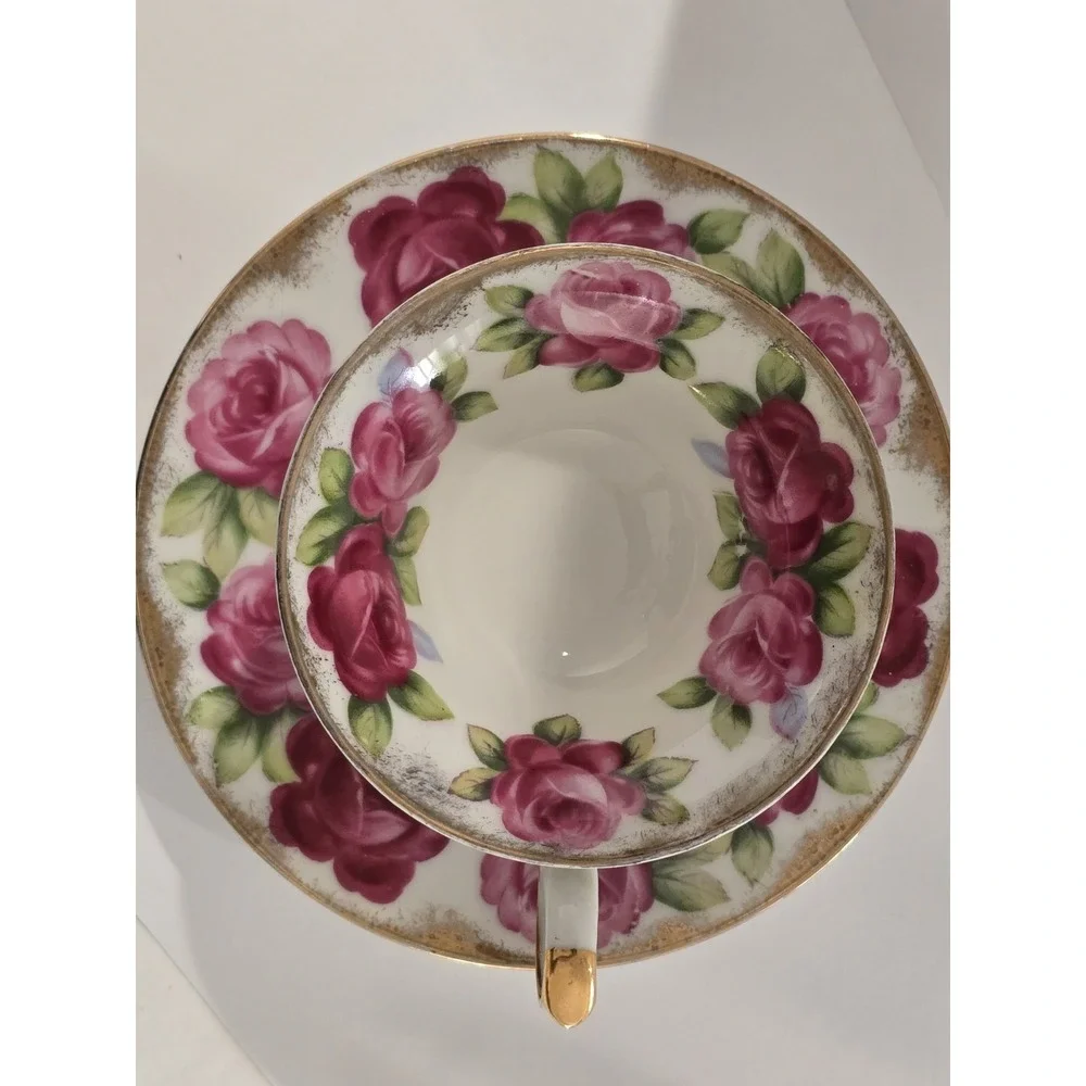 Vtg Del Mar Japan Hand Painted Pink Roses Teacup and Saucer Lusterware Gold